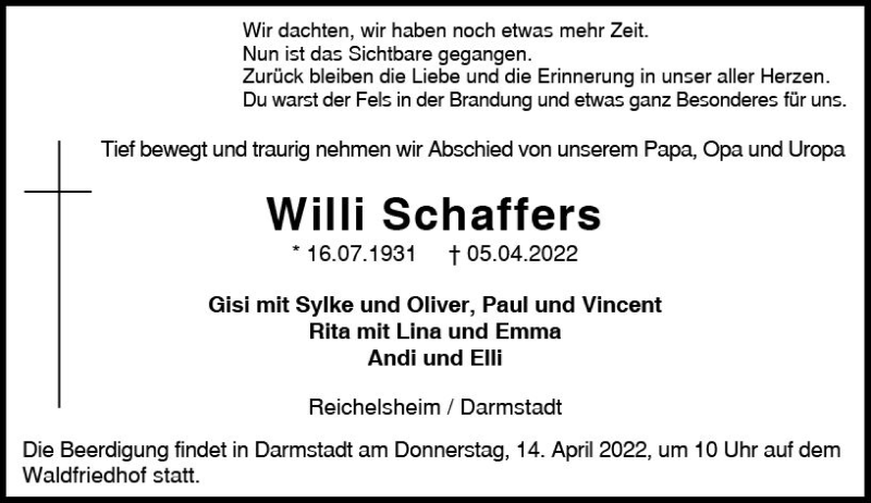  Traueranzeige für Willi Schaffers vom 09.04.2022 aus vrm-trauer Odenwälder Echo