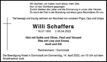 Traueranzeige von Willi Schaffers von vrm-trauer Odenwälder Echo