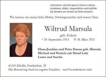 Traueranzeige von Wiltrud Marsula von vrm-trauer Rheingau