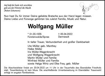 Traueranzeige von Wolfgang Müller von vrm-trauer Darmstädter Echo