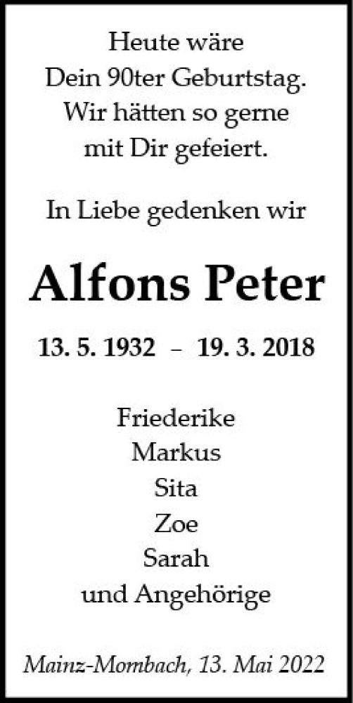  Traueranzeige für Alfons Peter vom 13.05.2022 aus vrm-trauer AZ Mainz