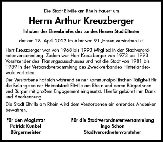 Traueranzeige von Arthur Kreuzberger von vrm-trauer Rheingau