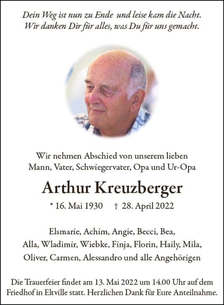  Traueranzeige für Arthur Kreuzberger vom 07.05.2022 aus vrm-trauer Rheingau