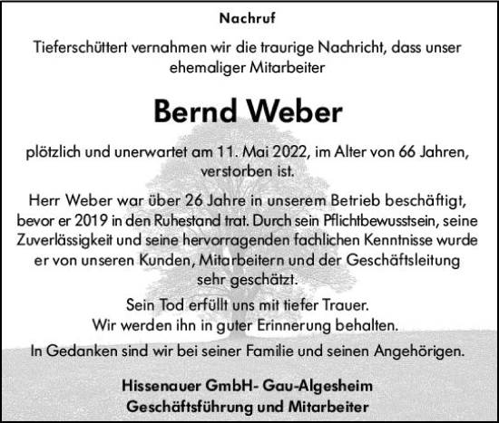 Traueranzeige von Bernd Weber von vrm-trauer Allgemeine  Zeitung Ingelheim-Bingen