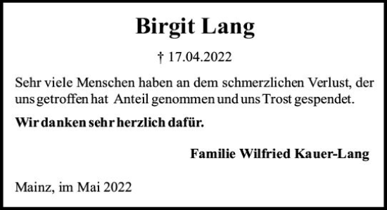 Traueranzeige von Birgit Lang von vrm-trauer AZ Mainz