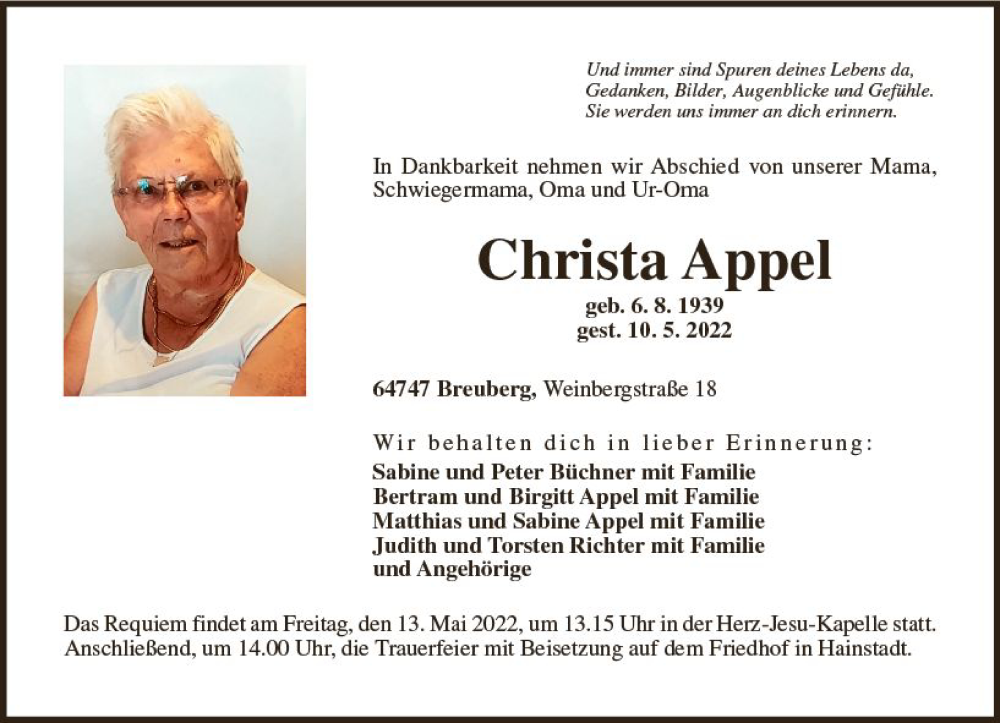  Traueranzeige für Christa Appel vom 12.05.2022 aus vrm-trauer Odenwälder Echo