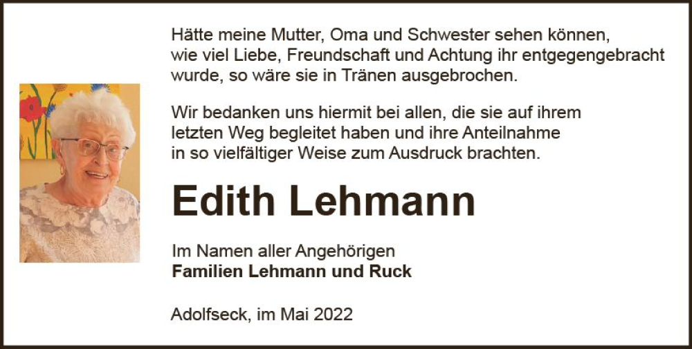  Traueranzeige für Edith Lehmann vom 21.05.2022 aus vrm-trauer WK-UTA