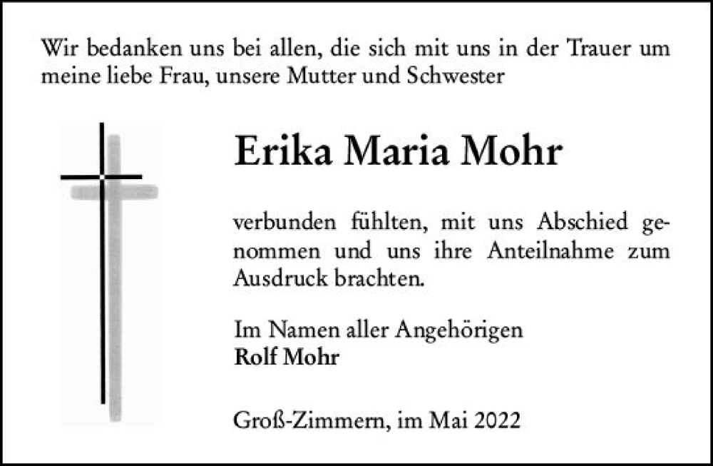  Traueranzeige für Erika Maria Mohr vom 14.05.2022 aus vrm-trauer DieburgerAnzeiger/Groß-Zimmerner Lokala