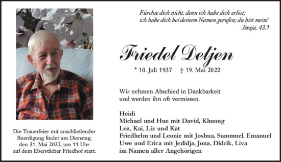 Traueranzeige von Friedel Detjen von vrm-trauer Darmstädter Echo