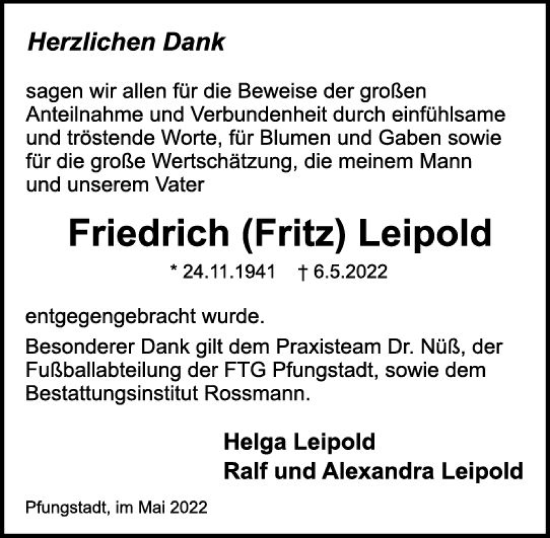 Traueranzeige von Friedrich Leipold von vrm-trauer Darmstädter Echo
