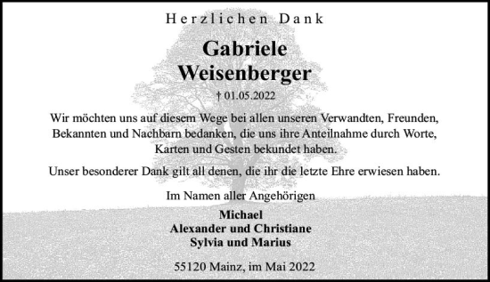 Traueranzeige von Gabriele Weisenberger von vrm-trauer AZ Mainz
