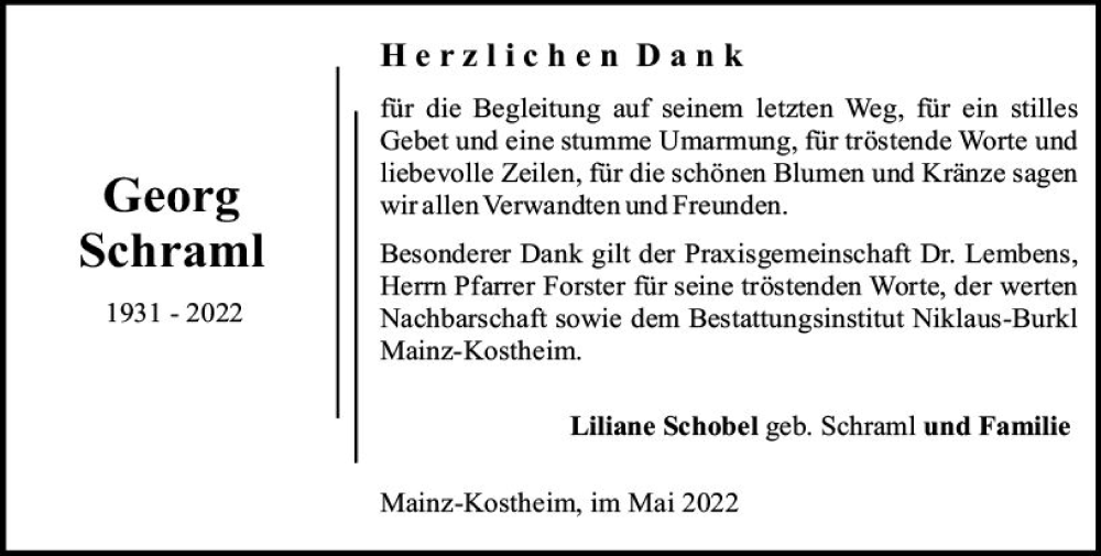  Traueranzeige für Georg Schraml vom 14.05.2022 aus vrm-trauer AZ Mainz