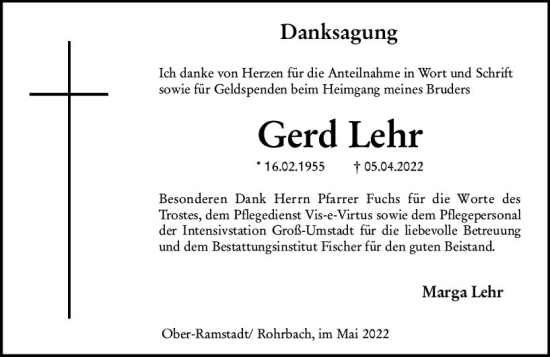 Traueranzeige von Gerd Lehr von vrm-trauer Darmstädter Echo