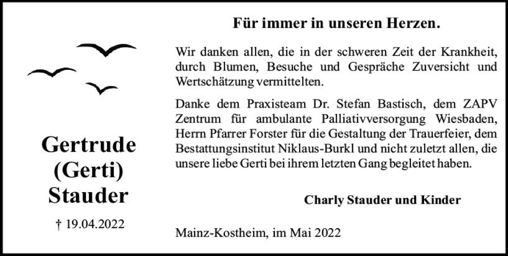 Traueranzeige für Gertrude Stauder vom 21.05.2022 aus vrm-trauer AZ Mainz