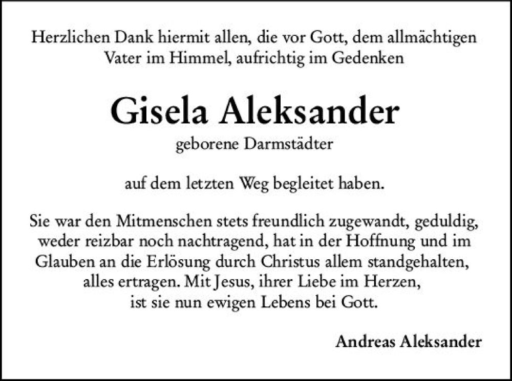 Traueranzeige für Gisela Aleksander vom 07.05.2022 aus vrm-trauer Darmstädter Echo