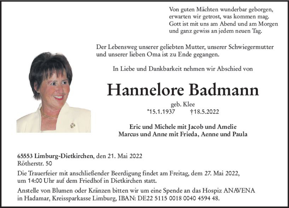  Traueranzeige für Hannelore Badmann vom 21.05.2022 aus vrm-trauer Wiesbadener Kurier