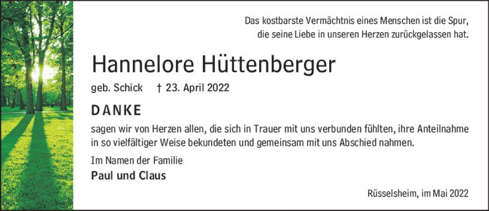  Traueranzeige für Hannelore Hüttenberger vom 14.05.2022 aus vrm-trauer Rüsselsheimer Echo / MainSpitze