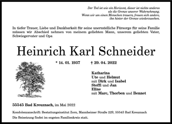 Traueranzeige von Heinrich Karl Schneider von vrm-trauer Allg. Zeitung Bad Kreuznach