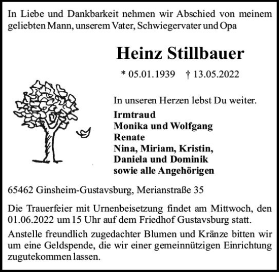 Traueranzeige von Heinz Stillbauer von vrm-trauer AZ Mainz