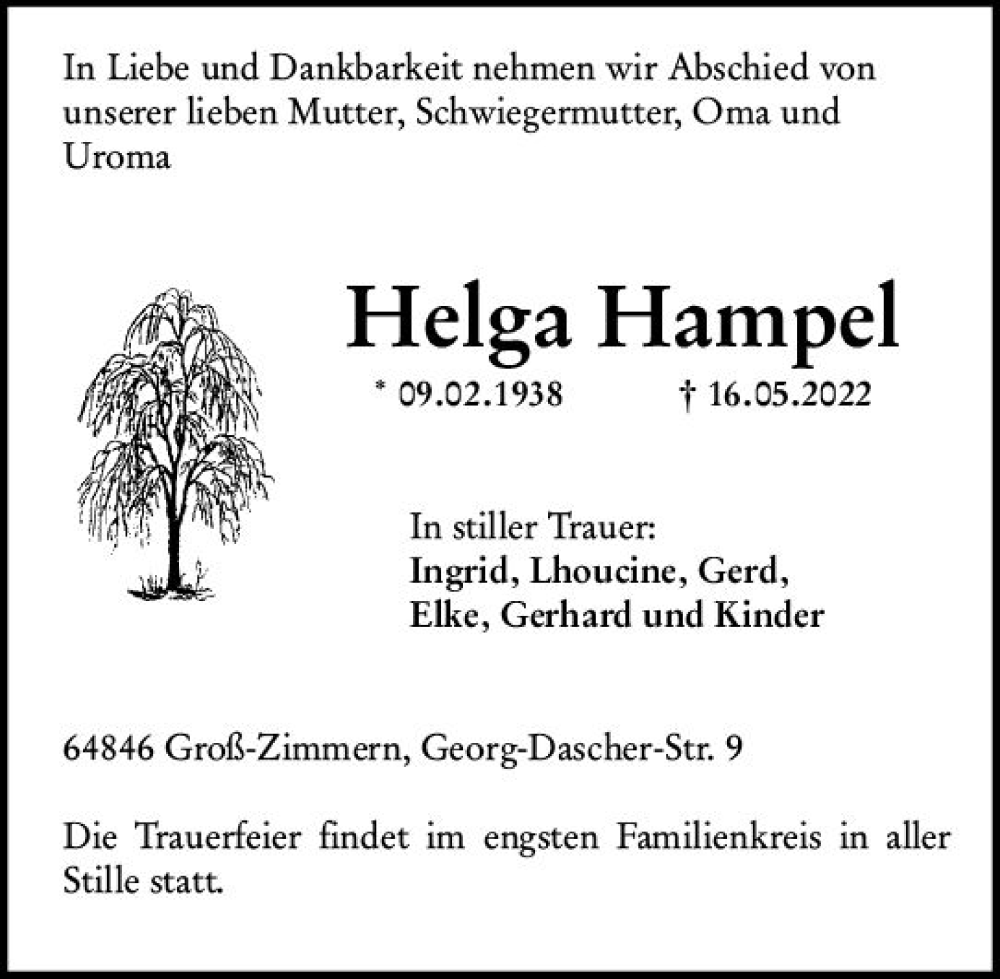  Traueranzeige für Helga Hampel vom 28.05.2022 aus vrm-trauer DieburgerAnzeiger/Groß-Zimmerner Lokala