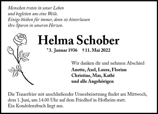 Traueranzeige von Helma Schober von vrm-trauer Wormser Zeitung