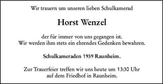 Traueranzeige von Horst Wenzel von vrm-trauer Rüsselsheimer Echo / MainSpitze
