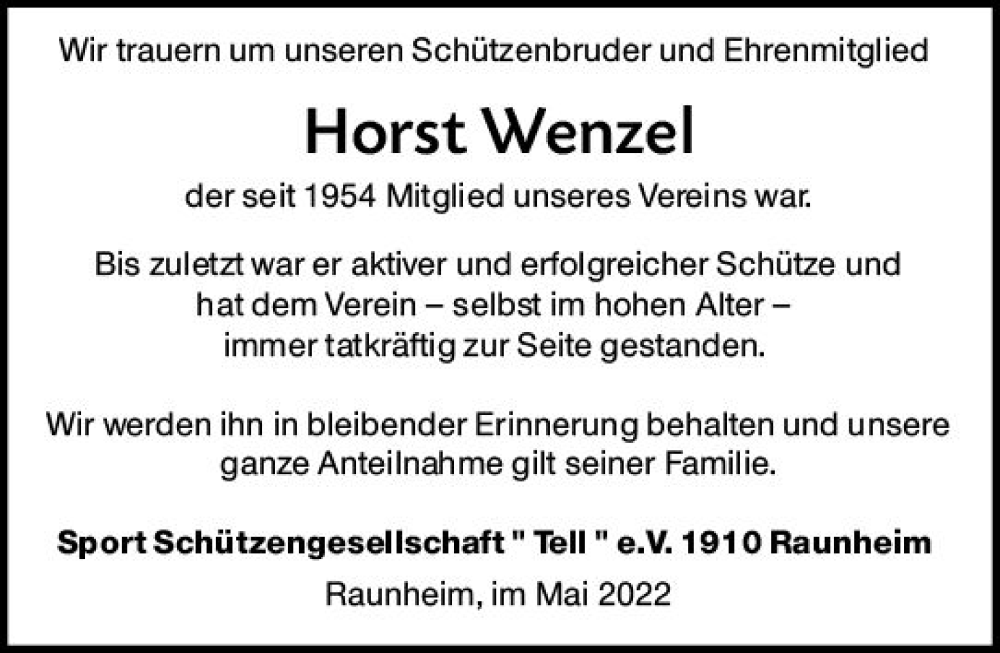  Traueranzeige für Horst Wenzel vom 14.05.2022 aus vrm-trauer Rüsselsheimer Echo / MainSpitze