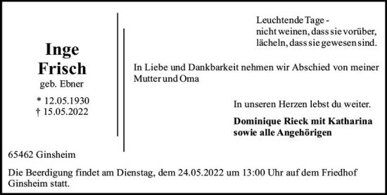 Traueranzeige von Inge Frisch von vrm-trauer AZ Mainz