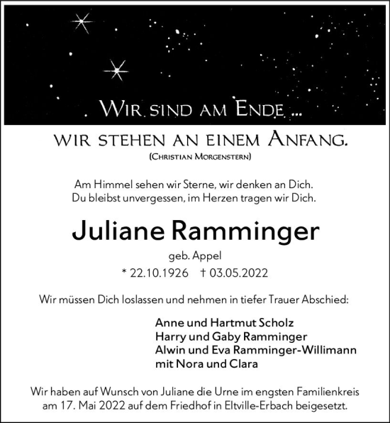 Traueranzeige von Juliane Ramminger von vrm-trauer Rheingau