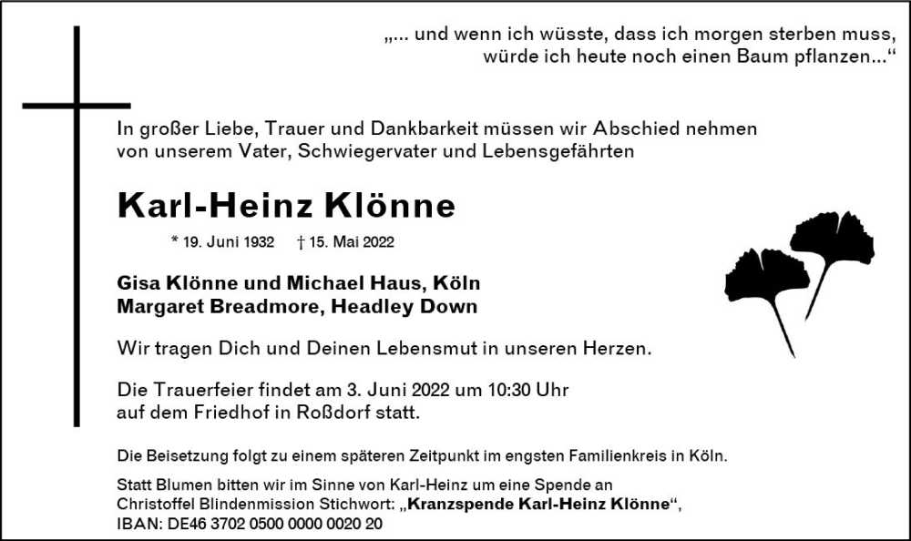  Traueranzeige für Karl-Heinz Klönne vom 21.05.2022 aus vrm-trauer Darmstädter Echo