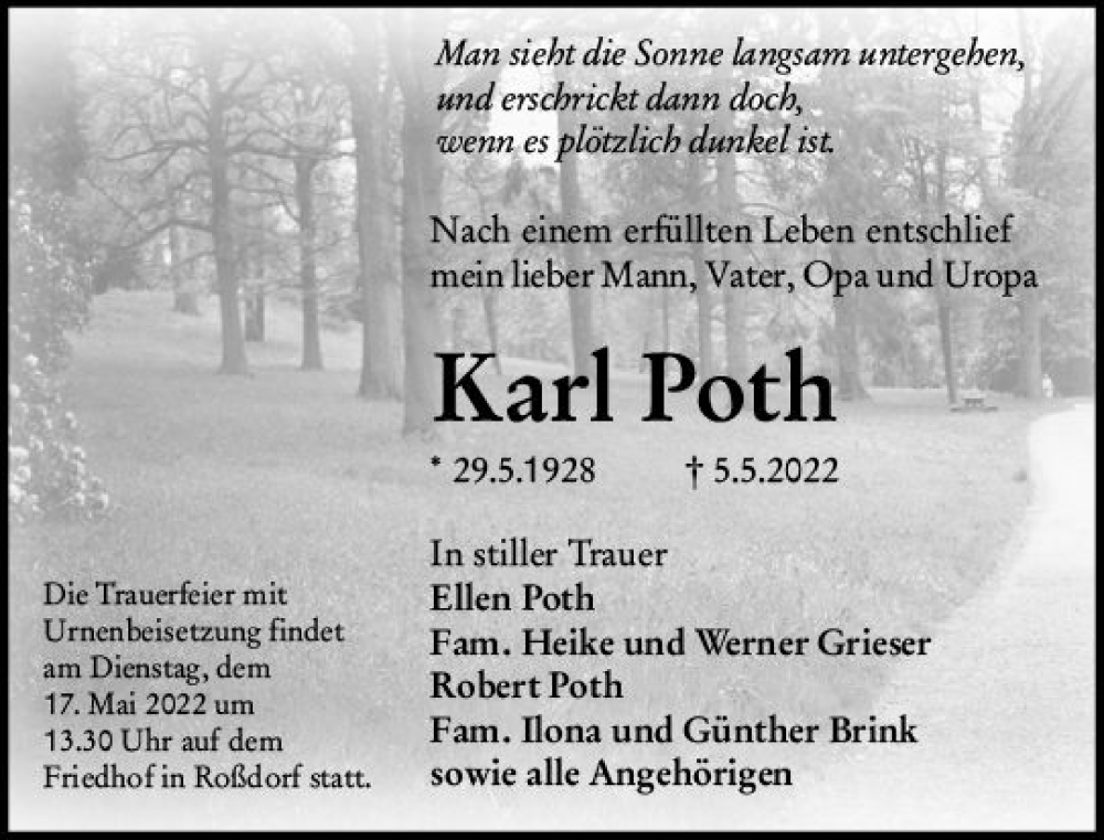  Traueranzeige für Karl Poth vom 14.05.2022 aus vrm-trauer Darmstädter Echo