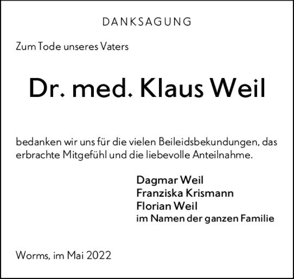  Traueranzeige für Klaus Weil vom 28.05.2022 aus vrm-trauer Wormser Zeitung