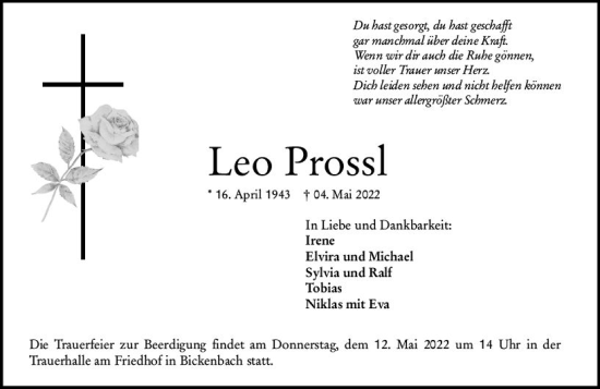 Traueranzeige von Leo Prossl von vrm-trauer Darmstädter Echo
