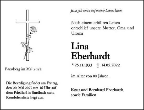 Traueranzeige von Lina Eberhardt von vrm-trauer Odenwälder Echo