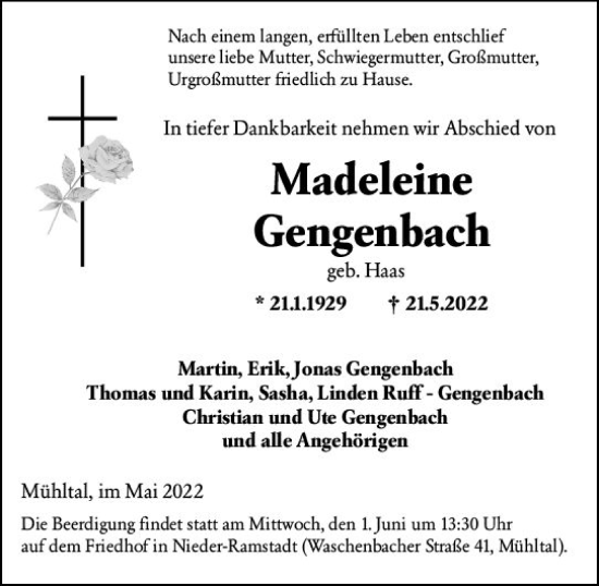 Traueranzeige von Madeleine Gengenbach von vrm-trauer Darmstädter Echo