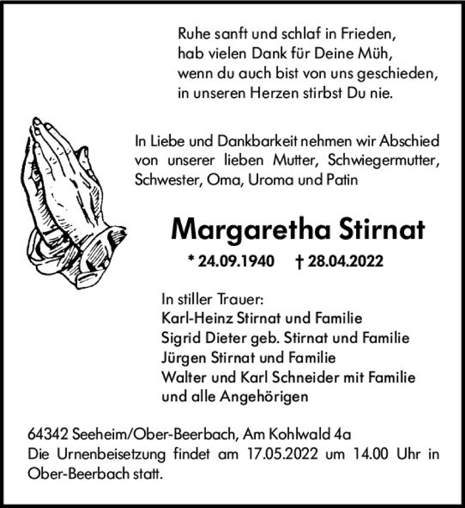  Traueranzeige für Margaretha Stirnat vom 07.05.2022 aus vrm-trauer Darmstädter Echo