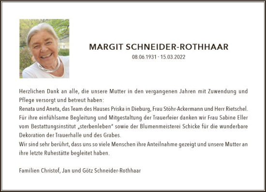 Traueranzeige von Margit Schneider-Rothhaar von vrm-trauer Darmstädter Echo