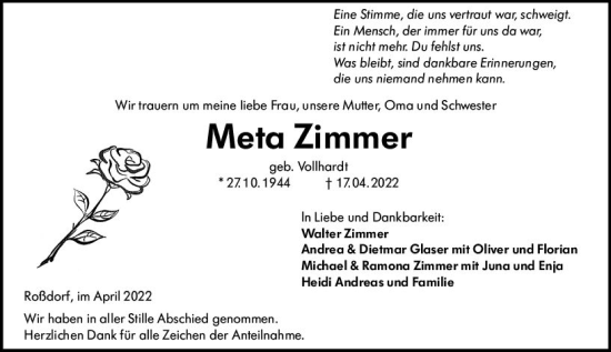 Traueranzeige von Meta Zimmer von vrm-trauer Darmstädter Echo