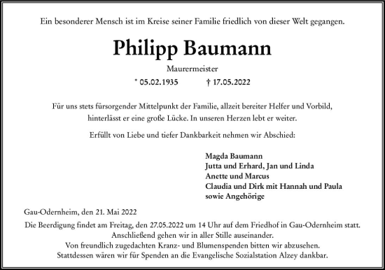 Traueranzeige von Philipp Baumann von vrm-trauer Allgemeine Zeitung Alzey