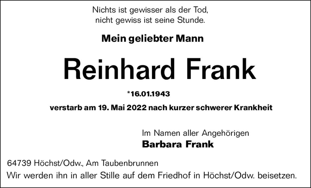  Traueranzeige für Reinhard Frank vom 28.05.2022 aus vrm-trauer Odenwälder Echo