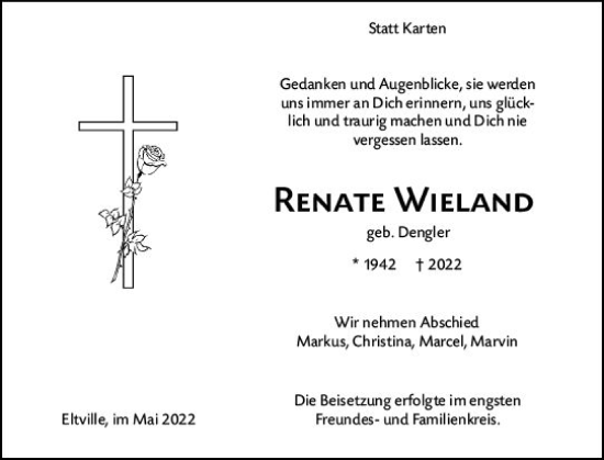 Traueranzeige von Renate Wieland von vrm-trauer Wiesbadener Kurier