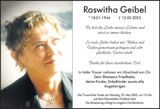Traueranzeige von Roswitha Geibel von vrm-trauer Darmstädter Echo