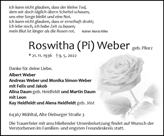 Traueranzeige von Roswitha Weber von vrm-trauer Odenwälder Echo