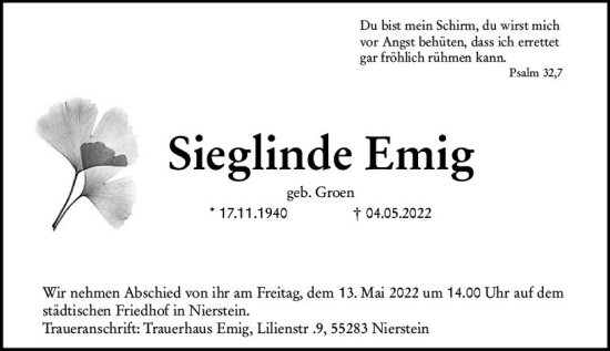 Traueranzeige von Sieglinde Wmig von vrm-trauer AZ Mainz