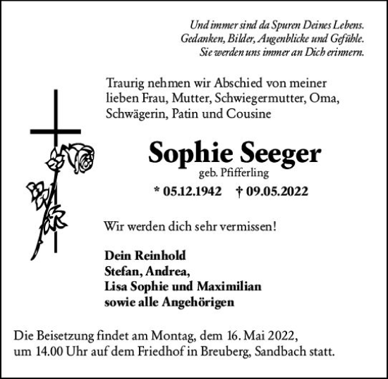 Traueranzeige von Sophie Seeger von vrm-trauer Odenwälder Echo