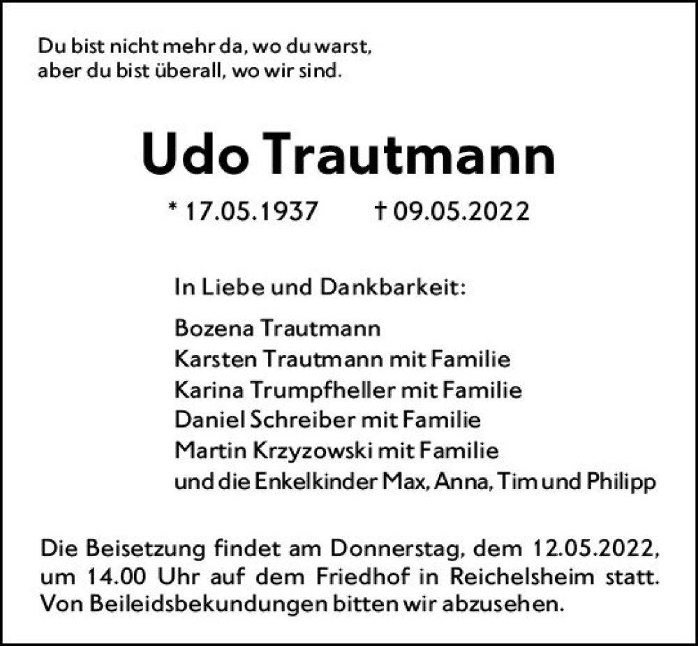  Traueranzeige für Udo Trautmann vom 11.05.2022 aus vrm-trauer Odenwälder Echo