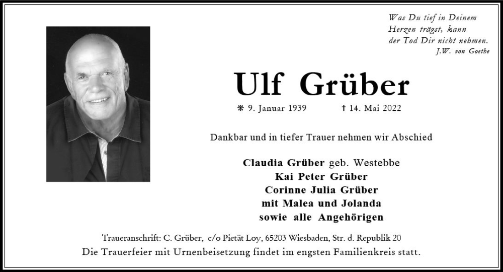  Traueranzeige für Ulf Grüber vom 21.05.2022 aus vrm-trauer Wiesbadener Kurier