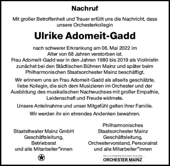 Traueranzeige von Ulrike Adomeit-Gadd von vrm-trauer AZ Mainz