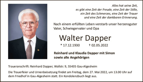 Traueranzeige von Walter Dapper von vrm-trauer Allgemeine  Zeitung Ingelheim-Bingen