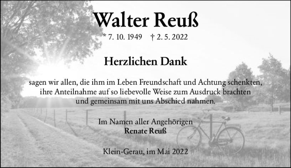  Traueranzeige für Walter Reuß vom 28.05.2022 aus vrm-trauer Groß-Gerauer Echo
